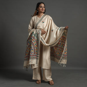 Beige - Madhubani Handpainted Tussar Cotton Handloom Dupatta 18