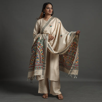 Beige - Madhubani Handpainted Tussar Cotton Handloom Dupatta 18
