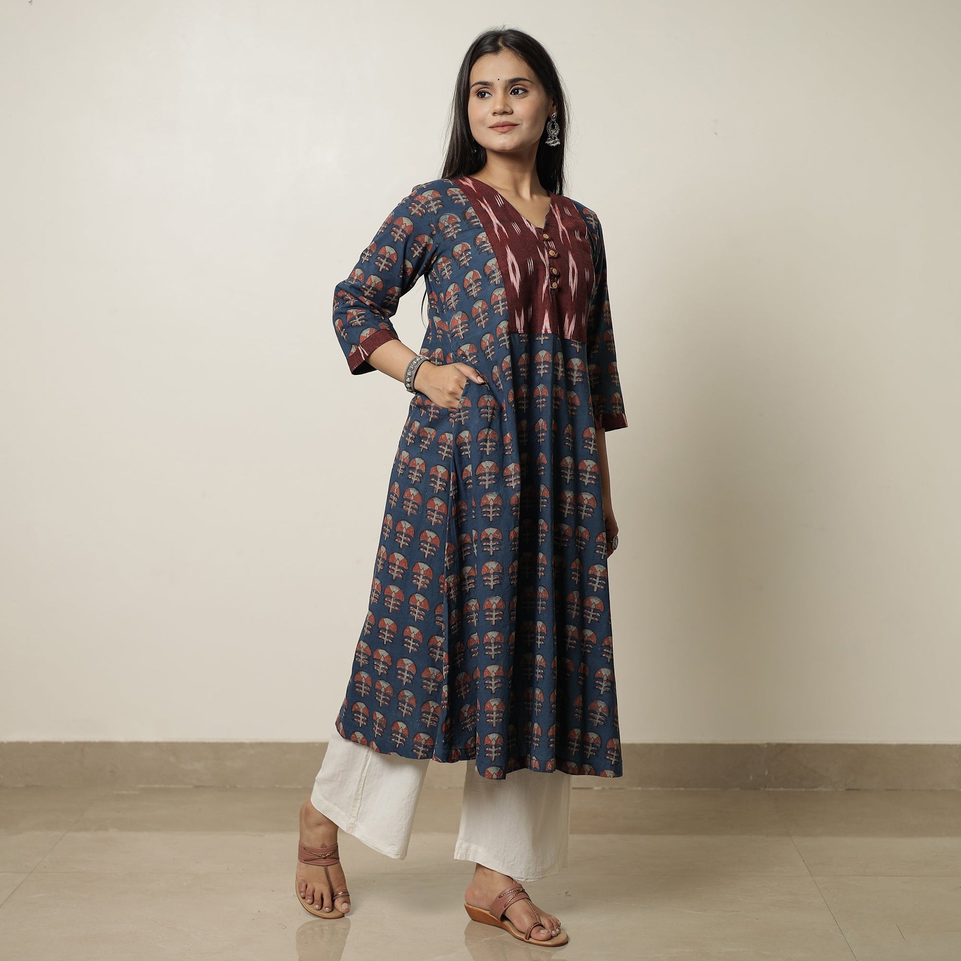 Blue - Akola Hand Block Printed Cotton A-Line Kurta 14