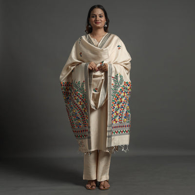 Beige - Madhubani Handpainted Tussar Cotton Handloom Dupatta 18