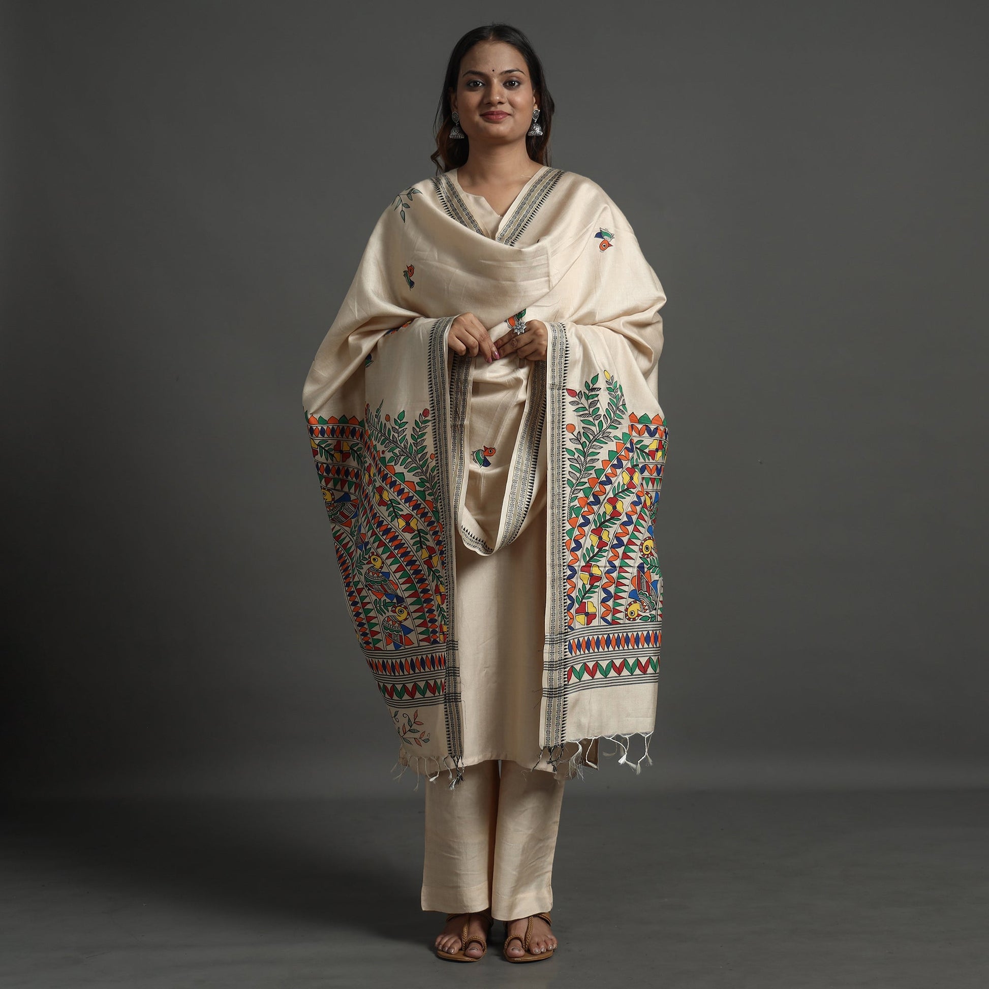 Beige - Madhubani Handpainted Tussar Cotton Handloom Dupatta 18