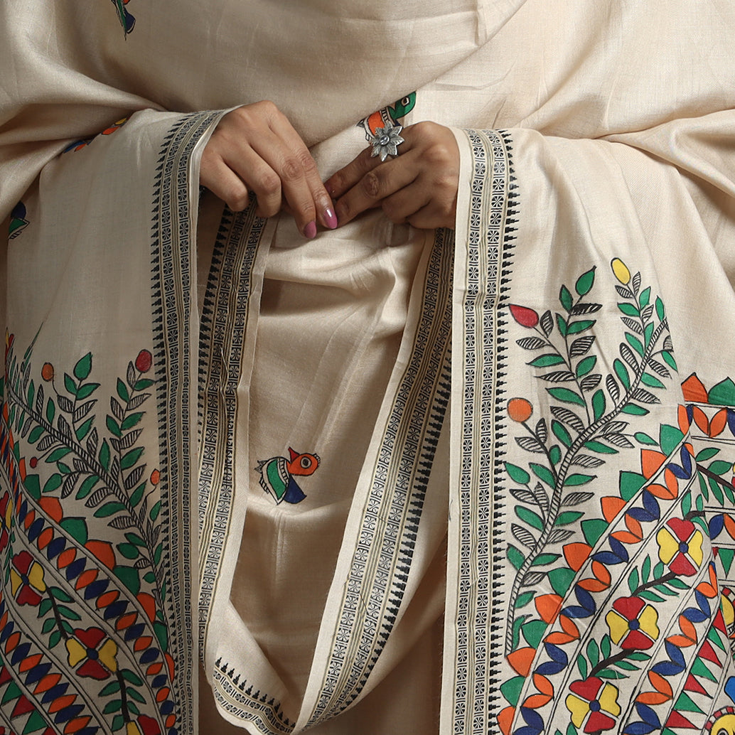 Beige - Madhubani Handpainted Tussar Cotton Handloom Dupatta 18