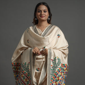 Beige - Madhubani Handpainted Tussar Cotton Handloom Dupatta 18