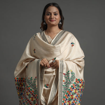 Beige - Madhubani Handpainted Tussar Cotton Handloom Dupatta 18