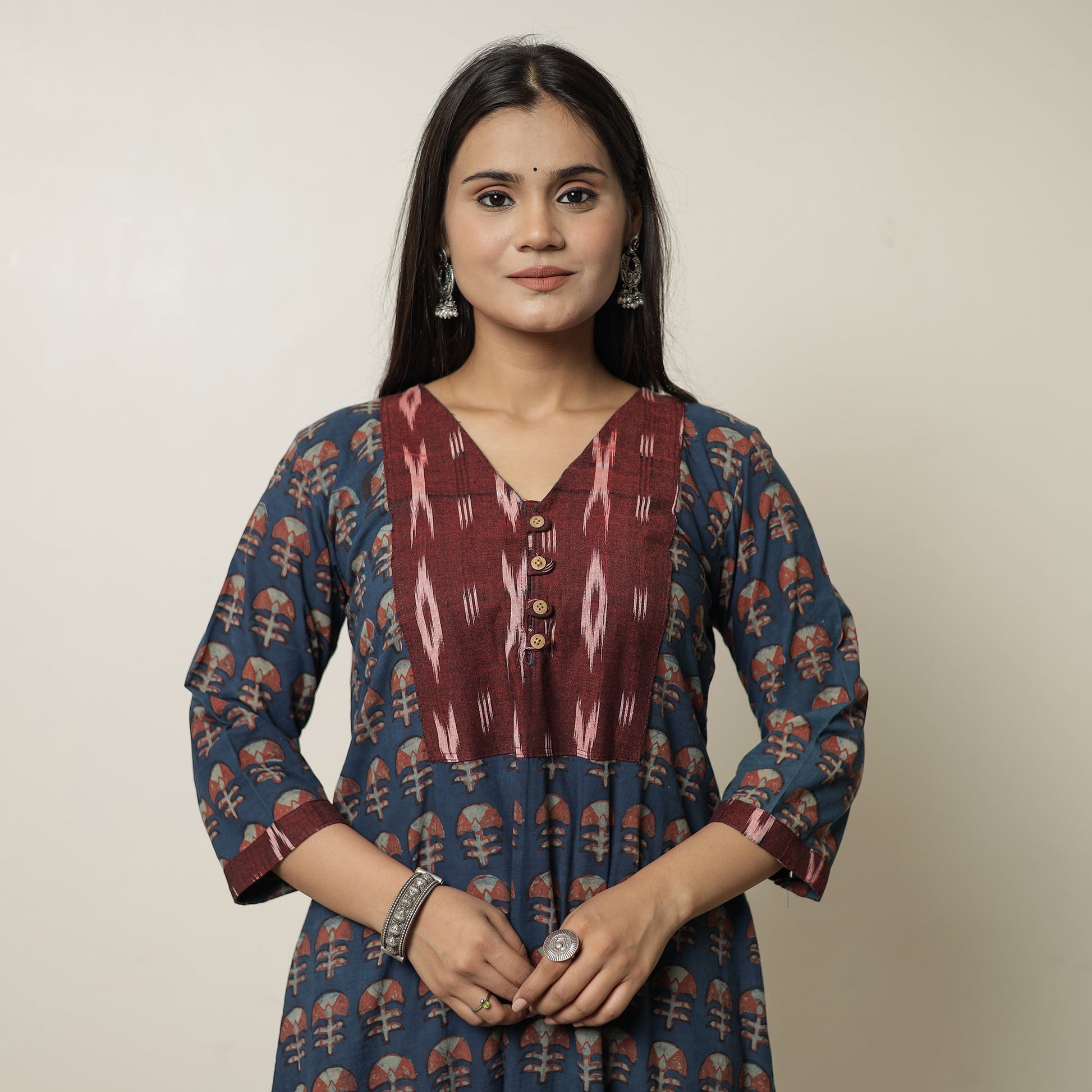 Blue - Akola Hand Block Printed Cotton A-Line Kurta 14