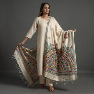 Beige - Madhubani Handpainted Tussar Cotton Handloom Dupatta 18