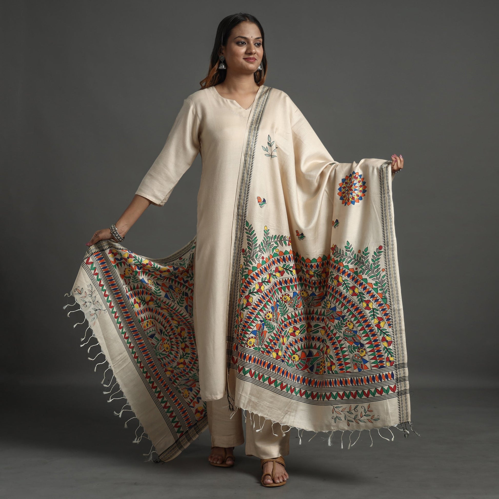 Beige - Madhubani Handpainted Tussar Cotton Handloom Dupatta 18