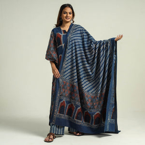 Blue - Ajrakh Block Printed Cotton Kaftan with Palazzo & Dupatta Set