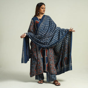 Blue - Ajrakh Block Printed Cotton Kaftan with Palazzo & Dupatta Set