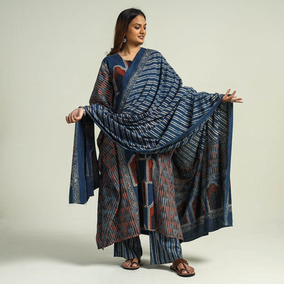 Blue - Ajrakh Block Printed Cotton Kaftan with Palazzo & Dupatta Set