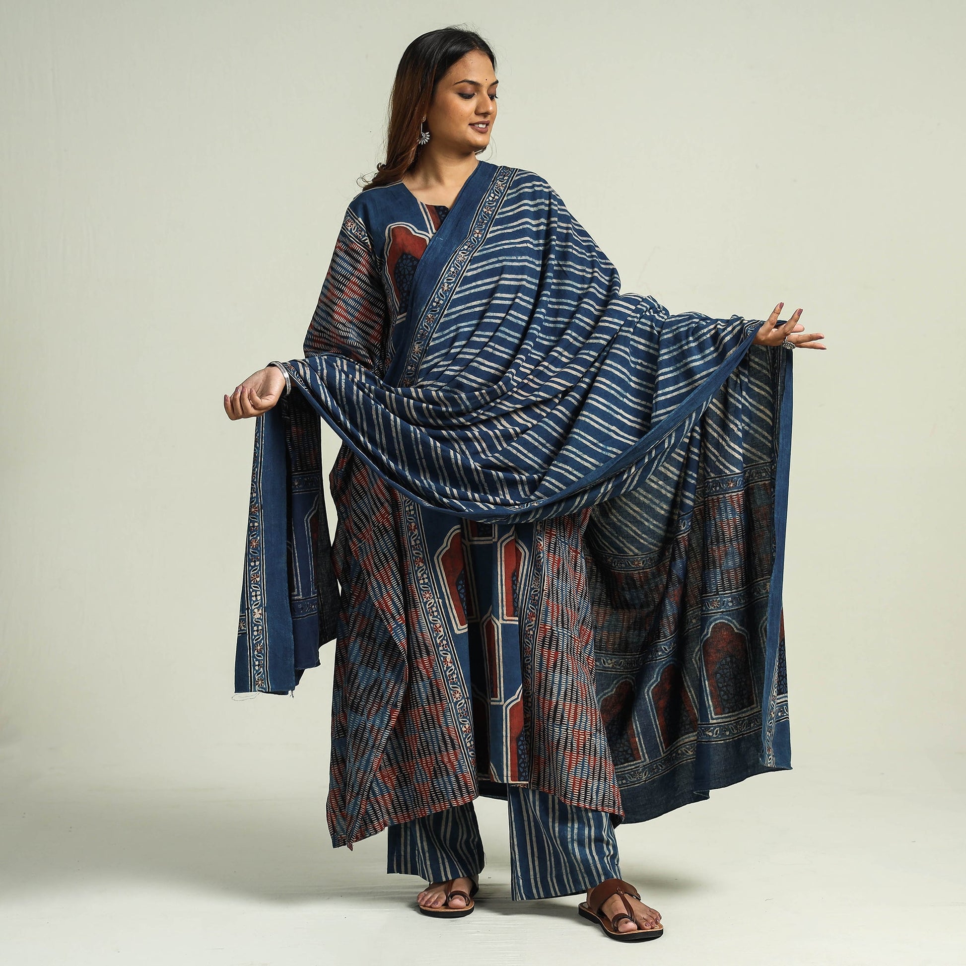 Blue - Ajrakh Block Printed Cotton Kaftan with Palazzo & Dupatta Set