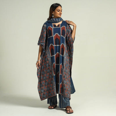 Blue - Ajrakh Block Printed Cotton Kaftan with Palazzo & Dupatta Set