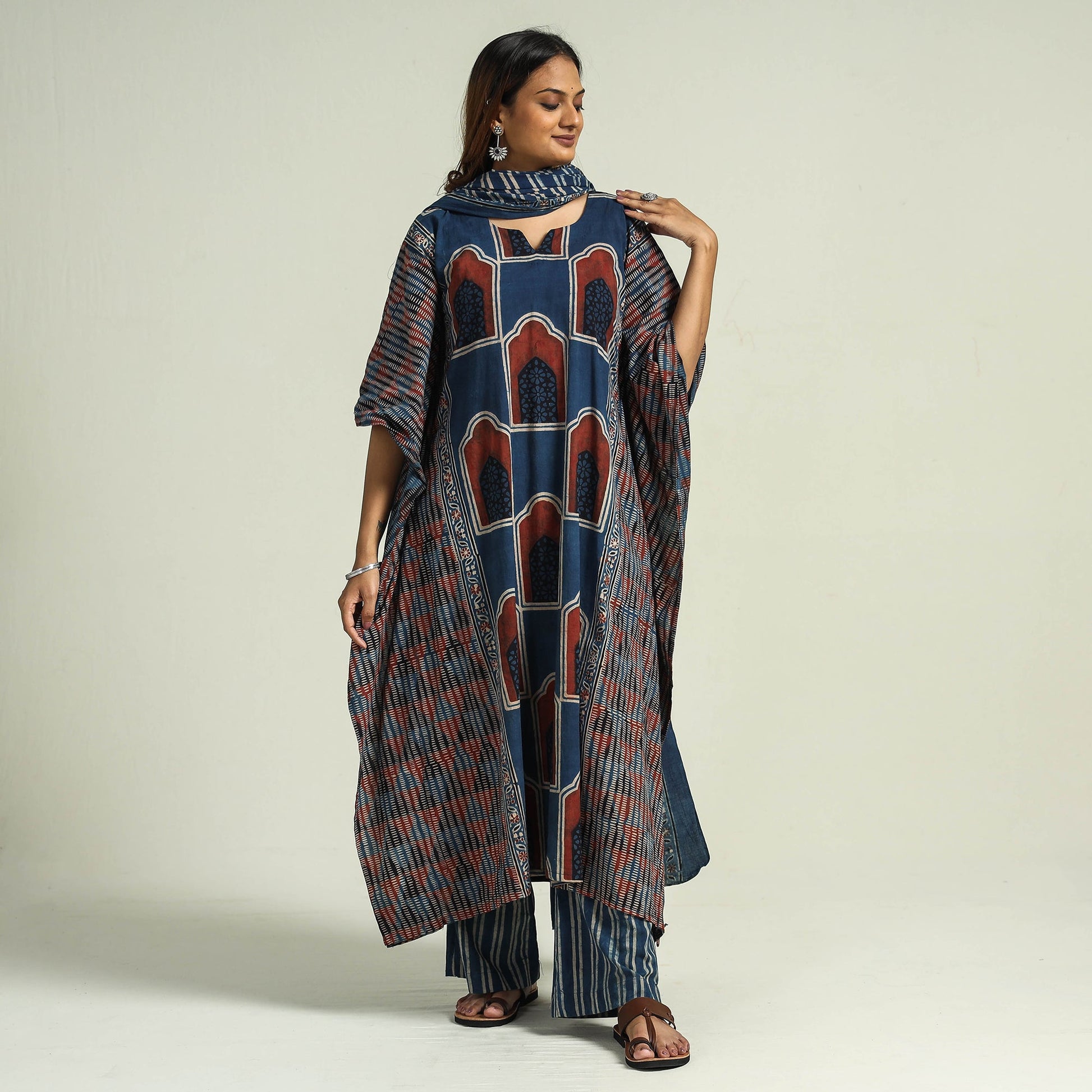 Blue - Ajrakh Block Printed Cotton Kaftan with Palazzo & Dupatta Set