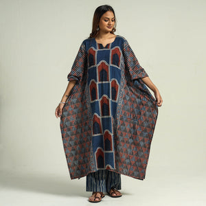 Blue - Ajrakh Block Printed Cotton Kaftan with Palazzo & Dupatta Set