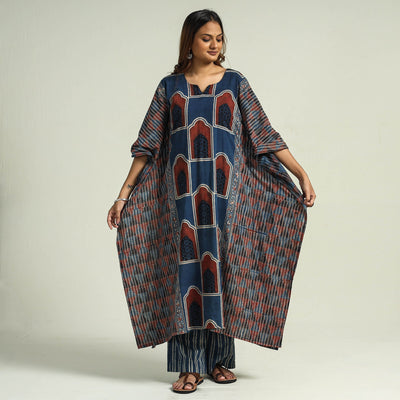Blue - Ajrakh Block Printed Cotton Kaftan with Palazzo & Dupatta Set