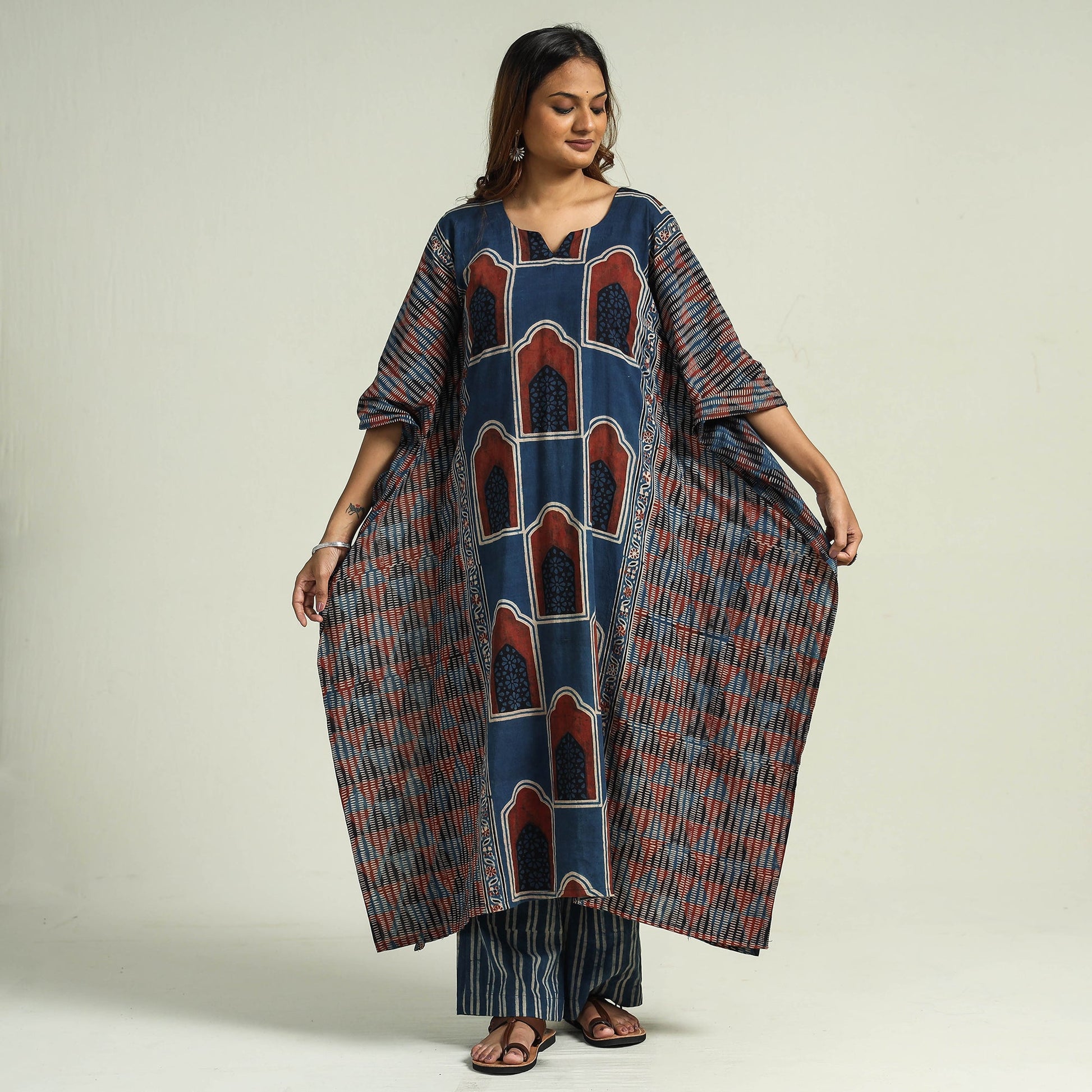 Blue - Ajrakh Block Printed Cotton Kaftan with Palazzo & Dupatta Set