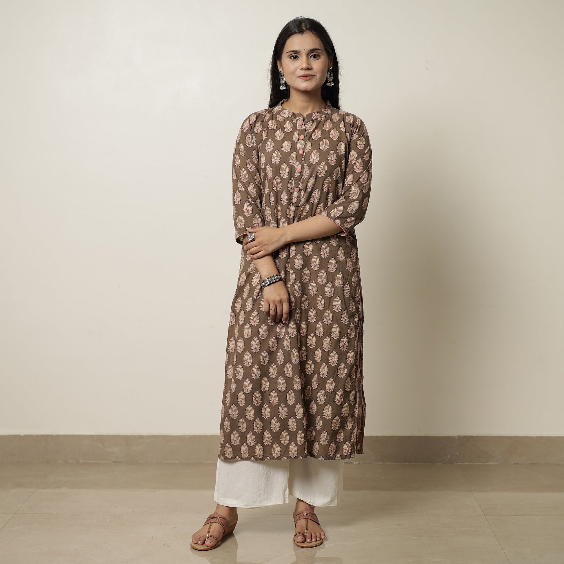 Brown - Akola Hand Block Printed Cotton Long Straight Kurta 16