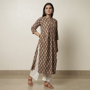 Brown - Akola Hand Block Printed Cotton Long Straight Kurta 16