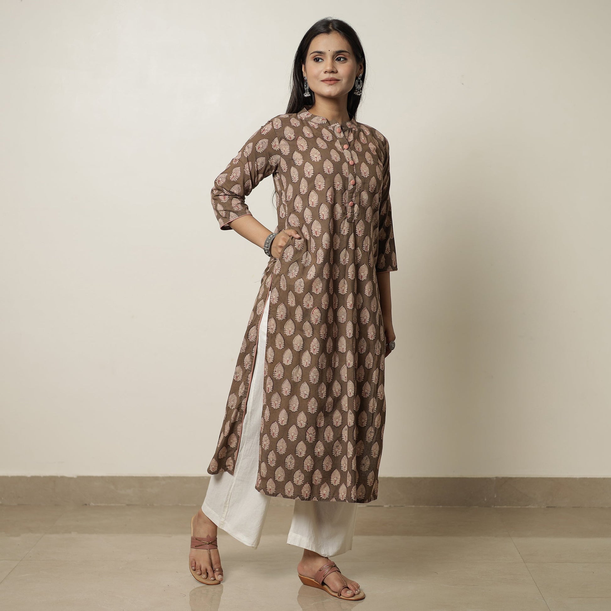 Brown - Akola Hand Block Printed Cotton Long Straight Kurta 16