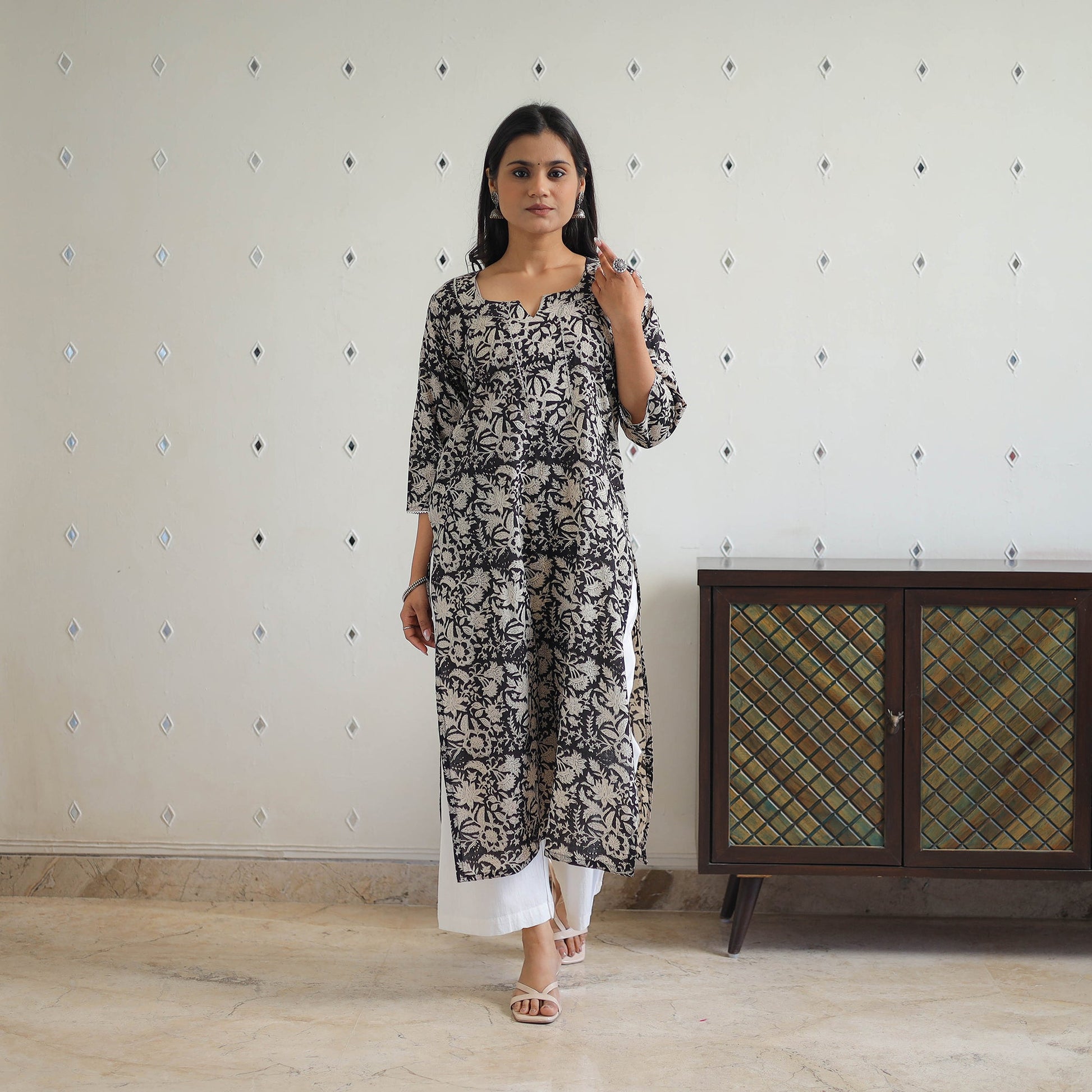 Black - Block Printed Cotton Gota Work Long Bagru Kurta 22
