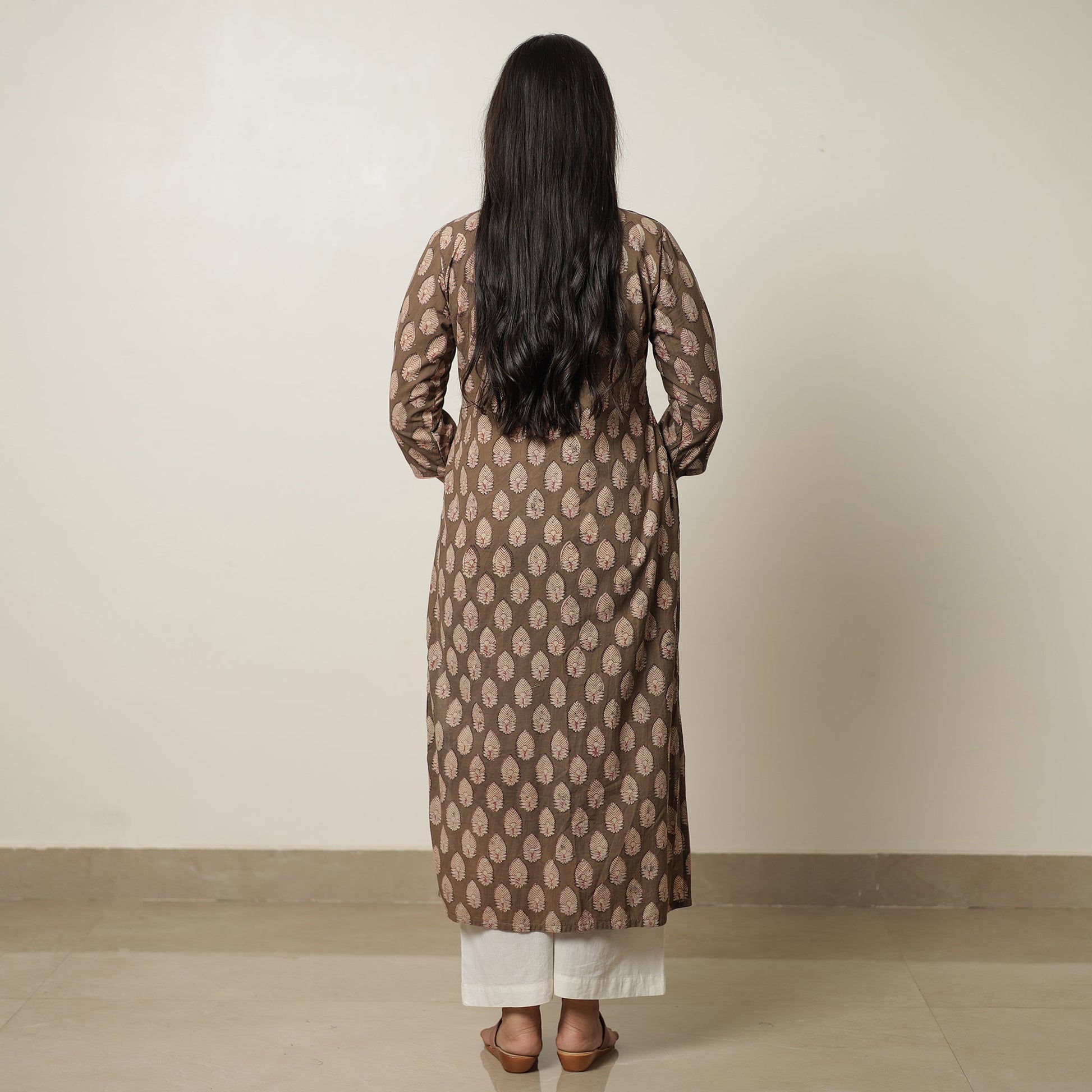 Brown - Akola Hand Block Printed Cotton Long Straight Kurta 16
