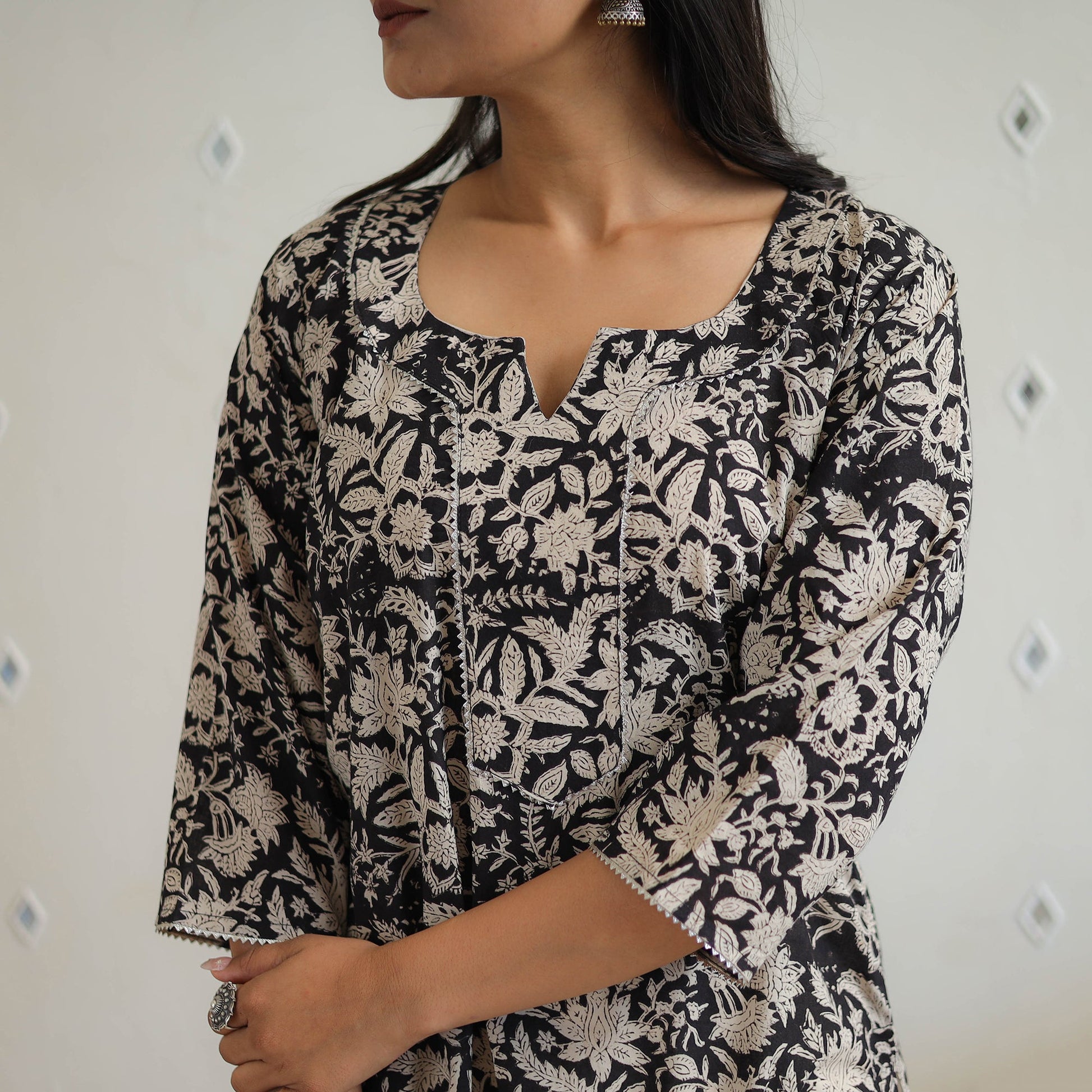 Black - Block Printed Cotton Gota Work Long Bagru Kurta 22