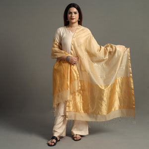 Beige - Traditional Chanderi Silk Handloom Zari Buti Dupatta with Tassels 10