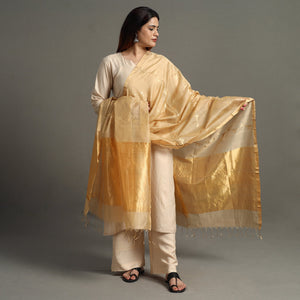 Beige - Traditional Chanderi Silk Handloom Zari Buti Dupatta with Tassels 10