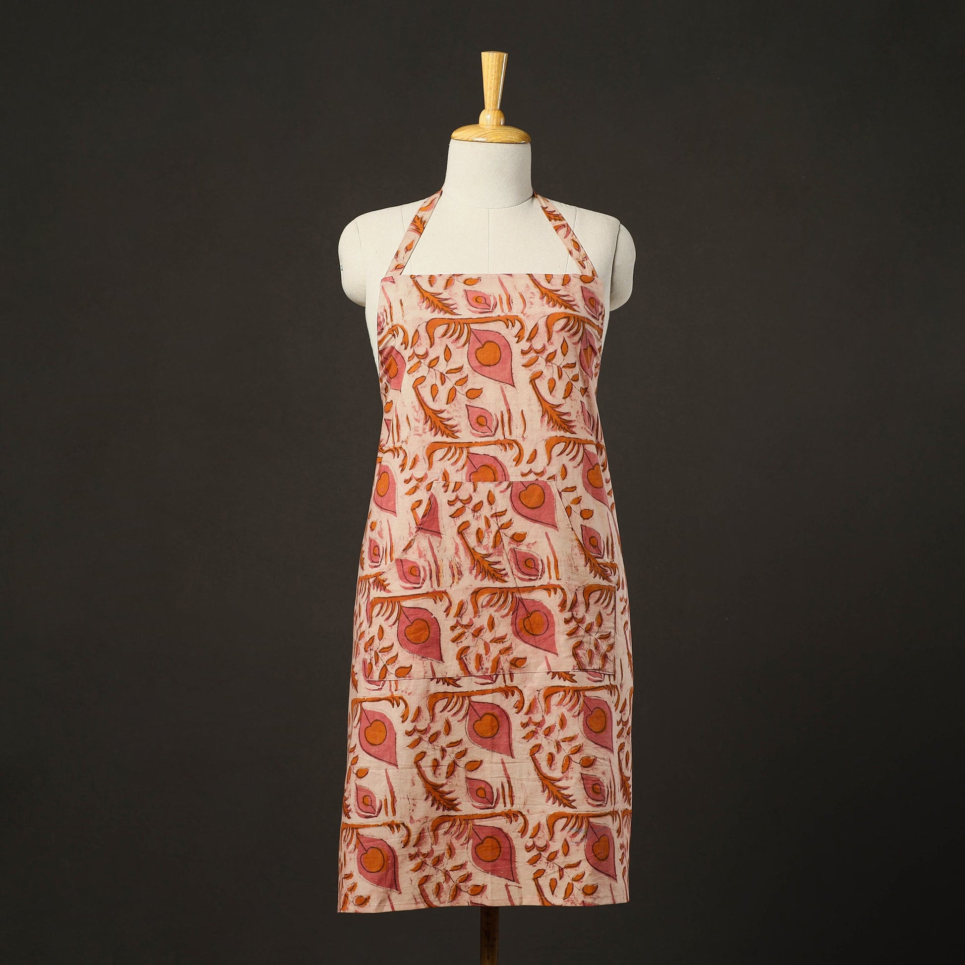 Beige - Bagru Block Print Cotton Apron with Pocket 14