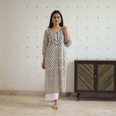 Beige - Block Printed Cotton Gota Work Long Ajrakh Kurta 12