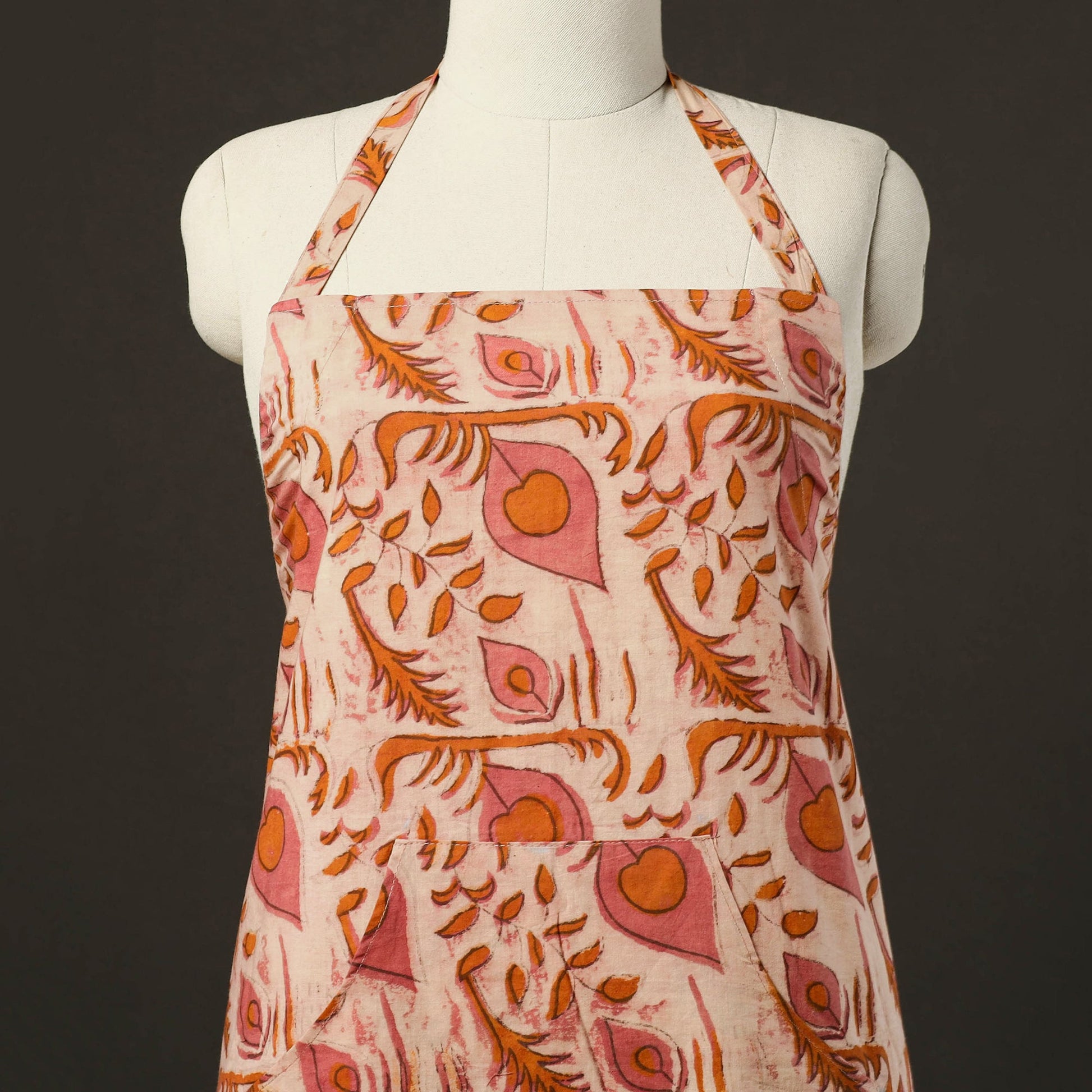 Beige - Bagru Block Print Cotton Apron with Pocket 14