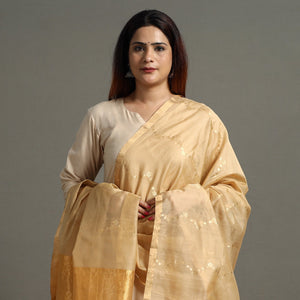 Beige - Traditional Chanderi Silk Handloom Zari Buti Dupatta with Tassels 10