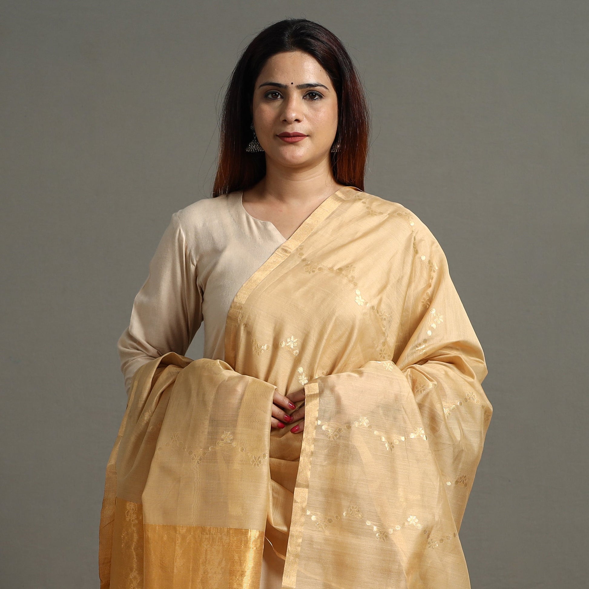 Beige - Traditional Chanderi Silk Handloom Zari Buti Dupatta with Tassels 10