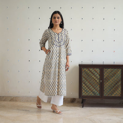 Beige - Block Printed Cotton Gota Work Long Ajrakh Kurta 12