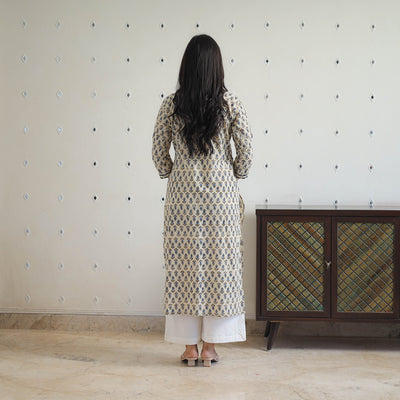 Beige - Block Printed Cotton Gota Work Long Ajrakh Kurta 12