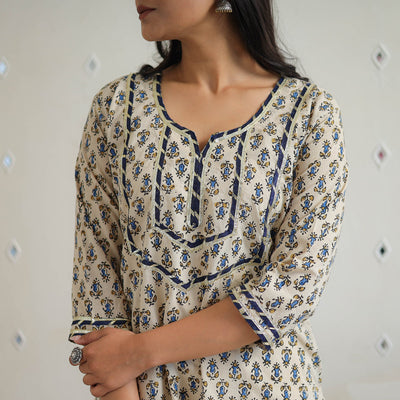 Beige - Block Printed Cotton Gota Work Long Ajrakh Kurta 12