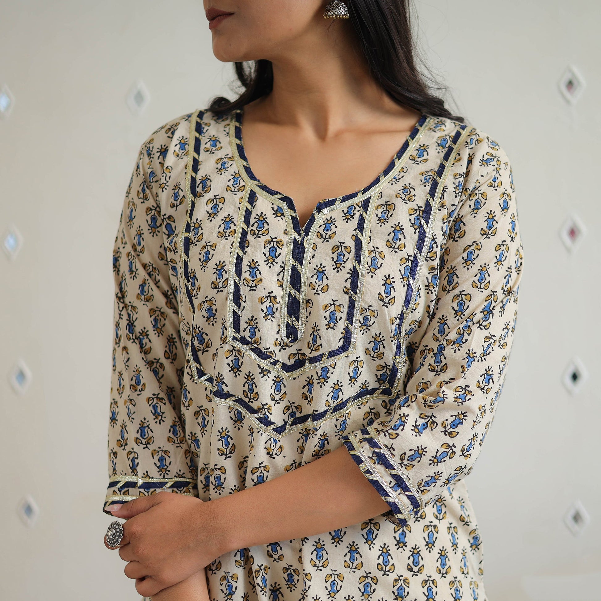Beige - Block Printed Cotton Gota Work Long Ajrakh Kurta 12
