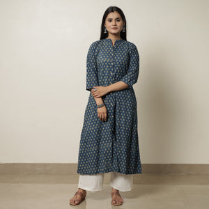 Blue - Akola Hand Block Printed Cotton Long A-Line Kurta 18