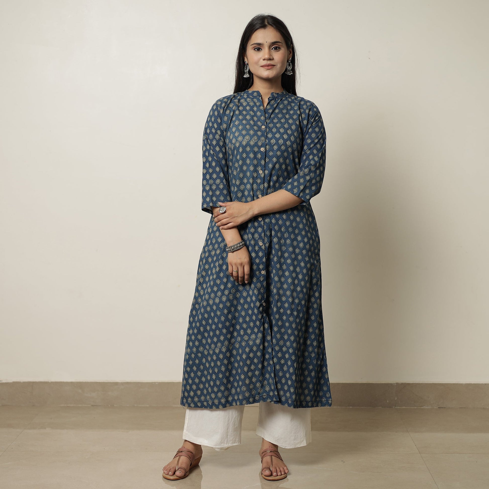 Blue - Akola Hand Block Printed Cotton Long A-Line Kurta 18