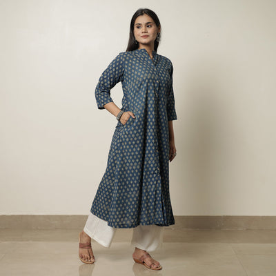 Blue - Akola Hand Block Printed Cotton Long A-Line Kurta 18
