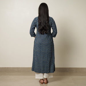 Blue - Akola Hand Block Printed Cotton Long A-Line Kurta 18