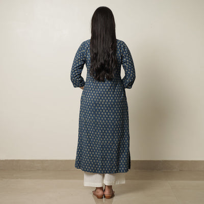 Blue - Akola Hand Block Printed Cotton Long A-Line Kurta 18