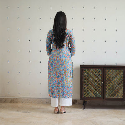 Blue - Block Printed Cotton Gota Work Long Sanganeri Kurta 04