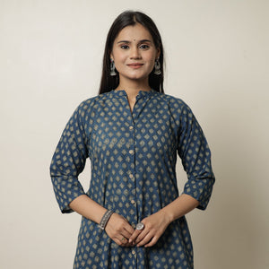 Blue - Akola Hand Block Printed Cotton Long A-Line Kurta 18