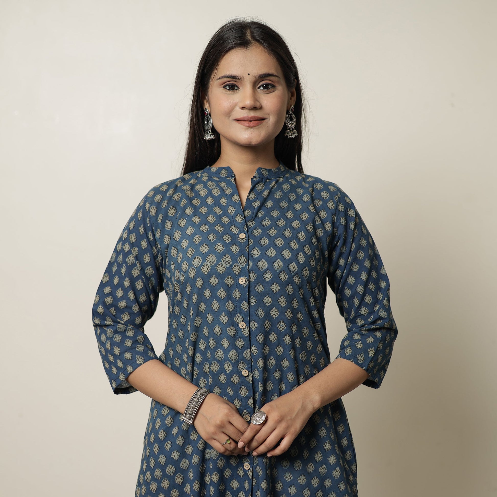 Blue - Akola Hand Block Printed Cotton Long A-Line Kurta 18