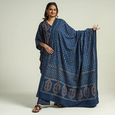 Blue - Ajrakh Block Printed Cotton Kaftan with Palazzo & Dupatta Set
