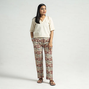 Beige - Kalamkari Block Printed Cotton Elasticated Pant