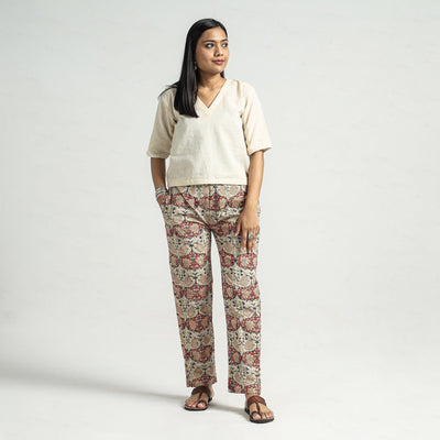 Beige - Kalamkari Block Printed Cotton Elasticated Pant