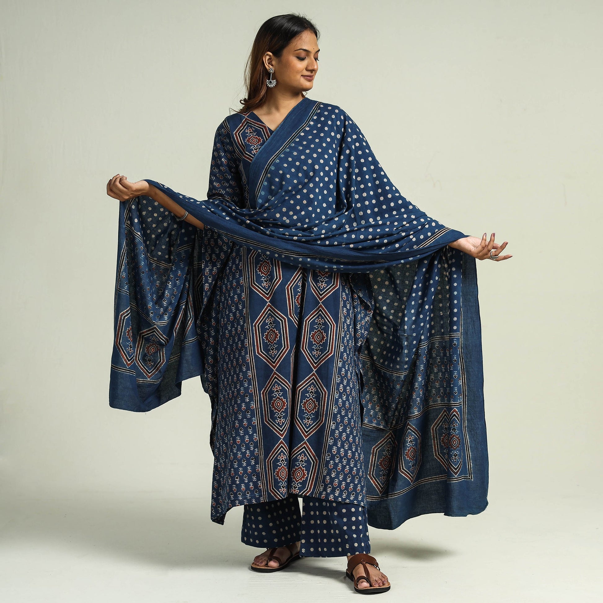 Blue - Ajrakh Block Printed Cotton Kaftan with Palazzo & Dupatta Set
