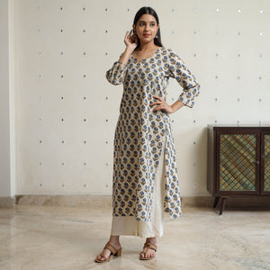 Beige - Ajrakh Block Printed Cotton Long Straight Kurta 45